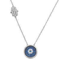 Load image into Gallery viewer, Sterling Silver Rhodium Plated Evil Eye Necklace With CZ Hamsa Hand