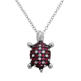 Sterling Silver Rhodium Plated Pink And Clear CZ Turtle Necklace