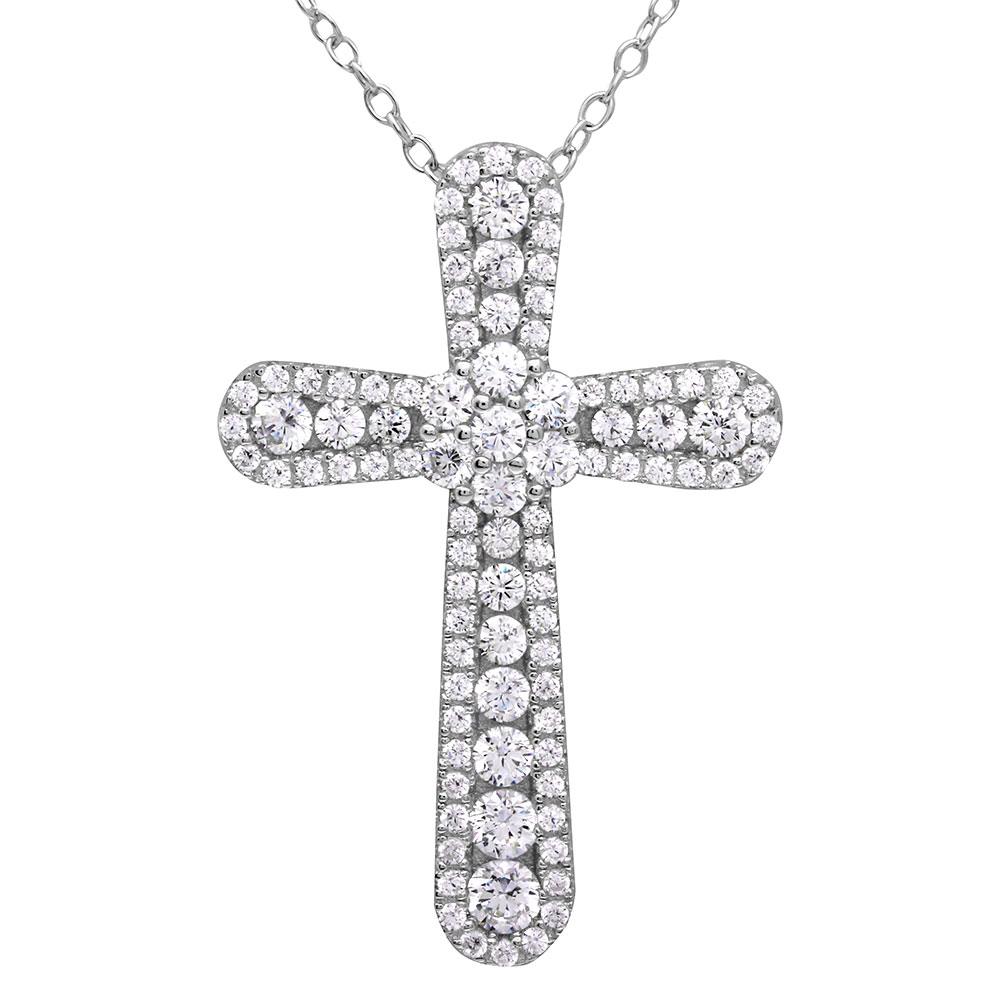 Sterling Silver Rhodium Plated CZ Cross Necklace