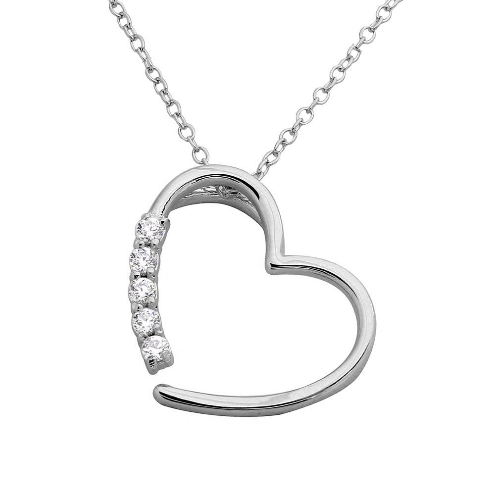 Sterling Silver Rhodium Plated Open CZ Heart Necklace