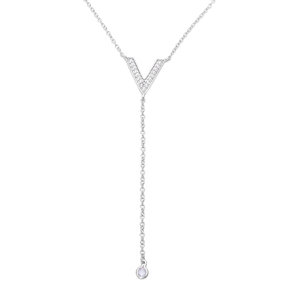 Sterling Silver Rhodium Plated V Shape CZ Drop Necklace���������