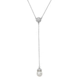 Sterling Silver Rhodium Plated CZ Drop Synthetic Pearl Necklace