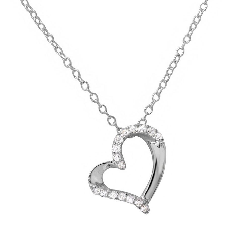 Sterling Silver Rhodium Plated Open Heart CZ Necklace