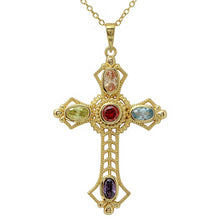 Load image into Gallery viewer, Sterling Silver Gold Plated Multi Color Round and Oval CZ Cross Necklace