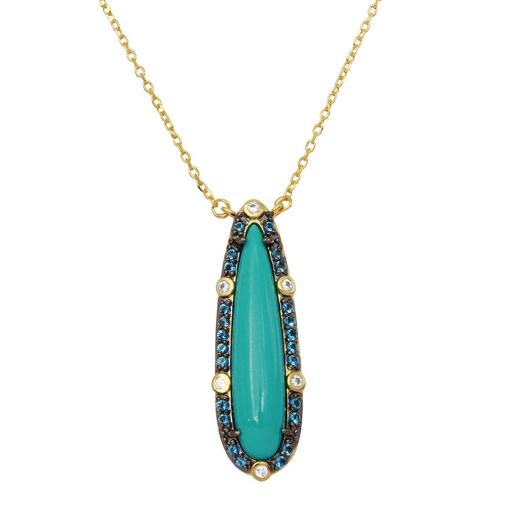 Sterling Silver Gold Plated Tear Drop Turquoise Center Stone Necklace With CZ���������