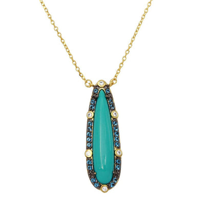 Sterling Silver Gold Plated Tear Drop Turquoise Center Stone Necklace With CZ