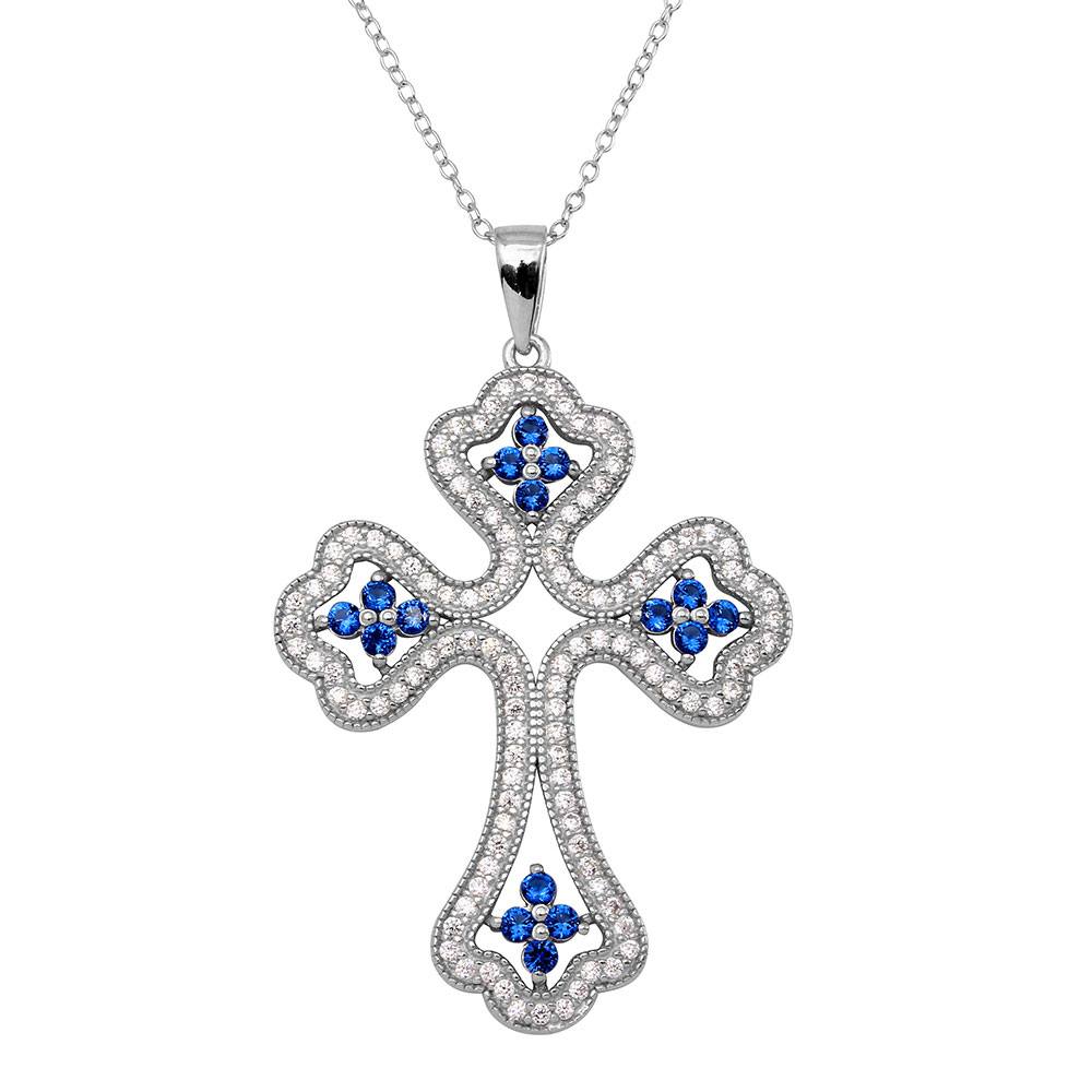 Sterling Silver Rhodium Plated Clear And Blue CZ Encrusted Open Cross Necklace