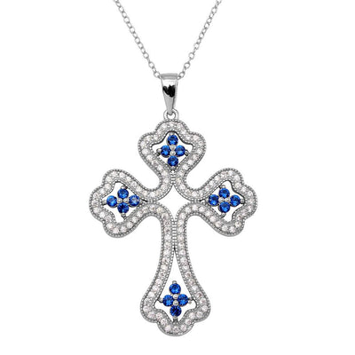 Sterling Silver Rhodium Plated Clear And Blue CZ Encrusted Open Cross Necklace