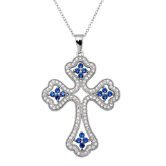 Sterling Silver Rhodium Plated Clear And Blue CZ Encrusted Open Cross Necklace