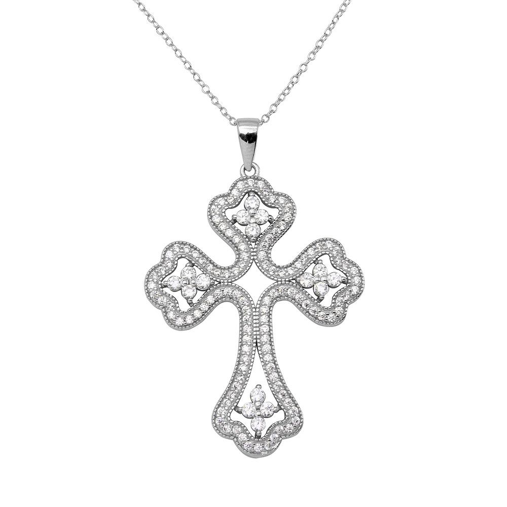 Sterling Silver Rhodium Plated CZ Encrusted Open Cross Necklace