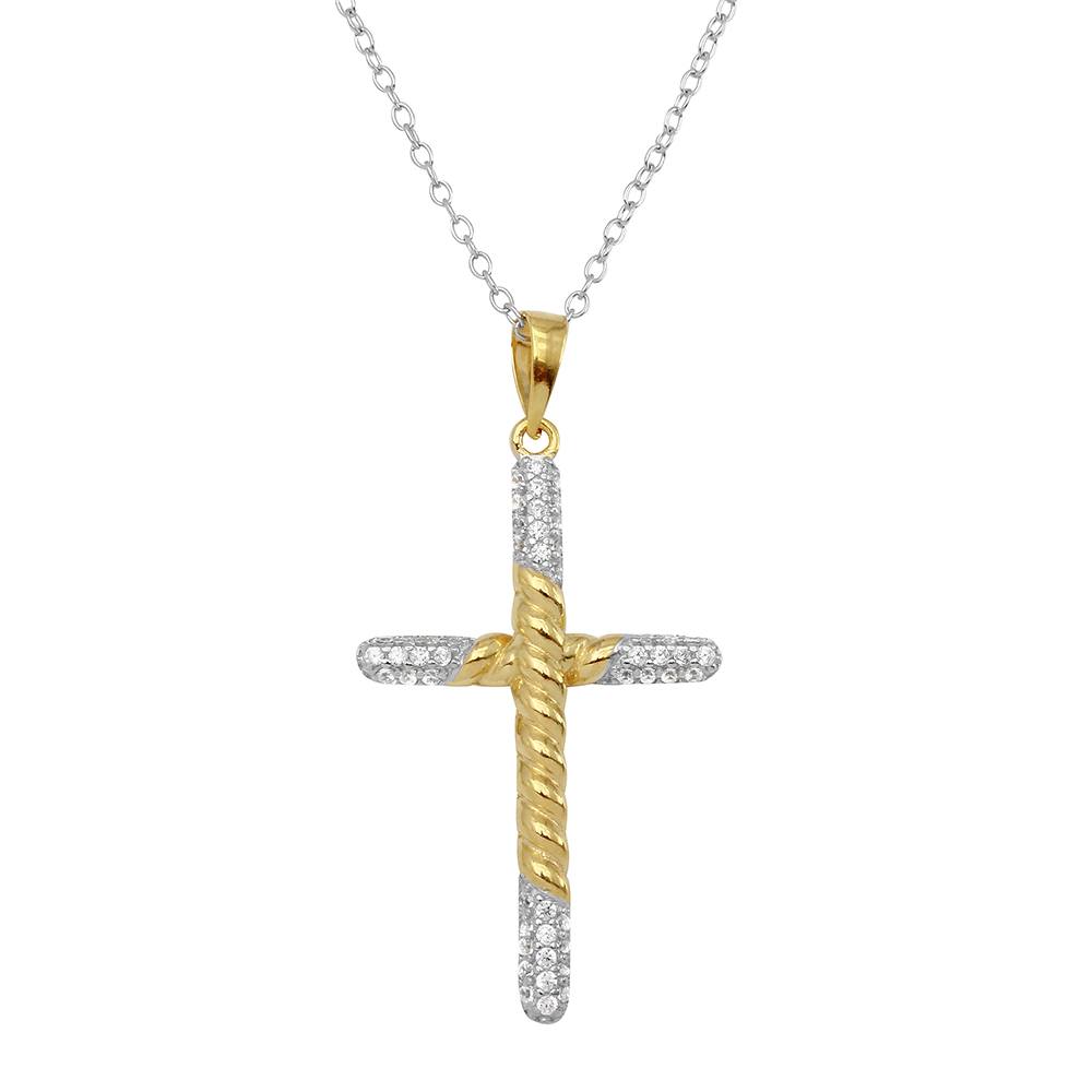 Sterling Silver 2 Toned Rope Cross Necklace With CZ Stones Necklace