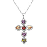 Sterling Silver Rhodium Plated Multi CZ Heart Cross Necklace