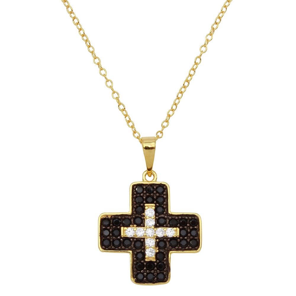 Sterling Silver Gold Plated Black And Clear CZ Cross Necklace