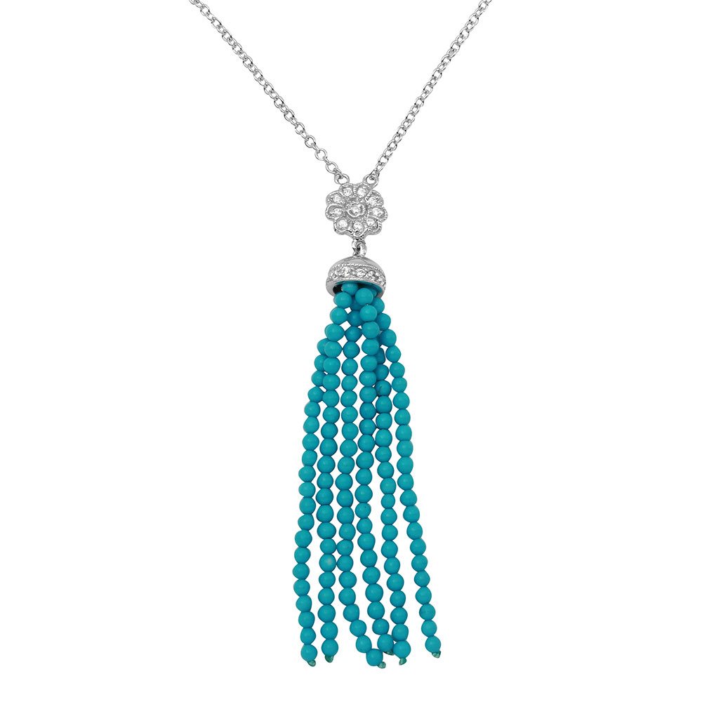 Sterling Silver Rhodium Plated Flower Centered Turquoise Beads Strands Necklace