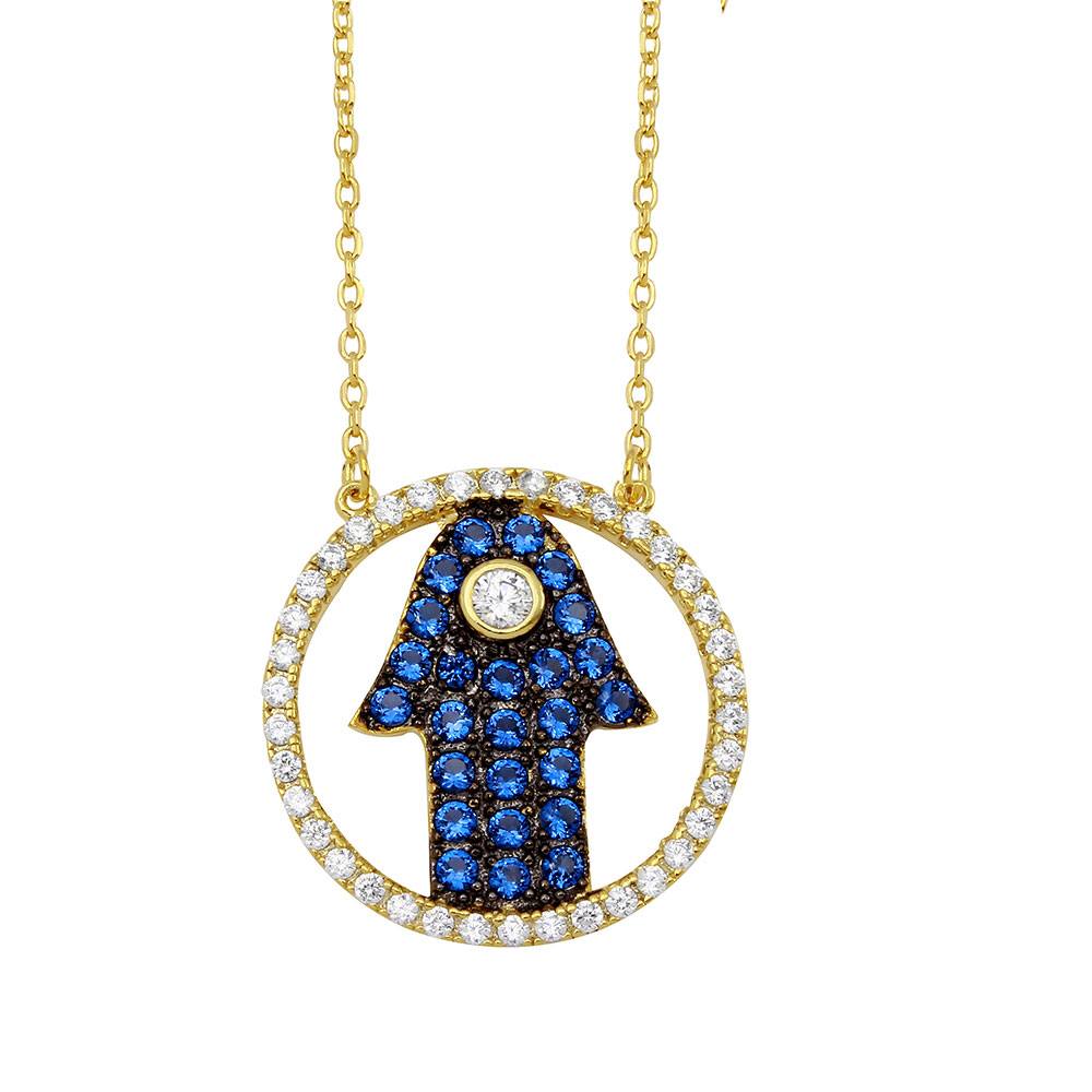Sterling Silver Gold Plated Open Circle With Blue CZ Hamsa Hand Necklace
