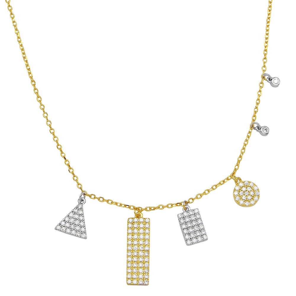 Sterling Silver Gold Plated Chain Multi Shape 2 Toned CZ Encrusted Charm Necklace