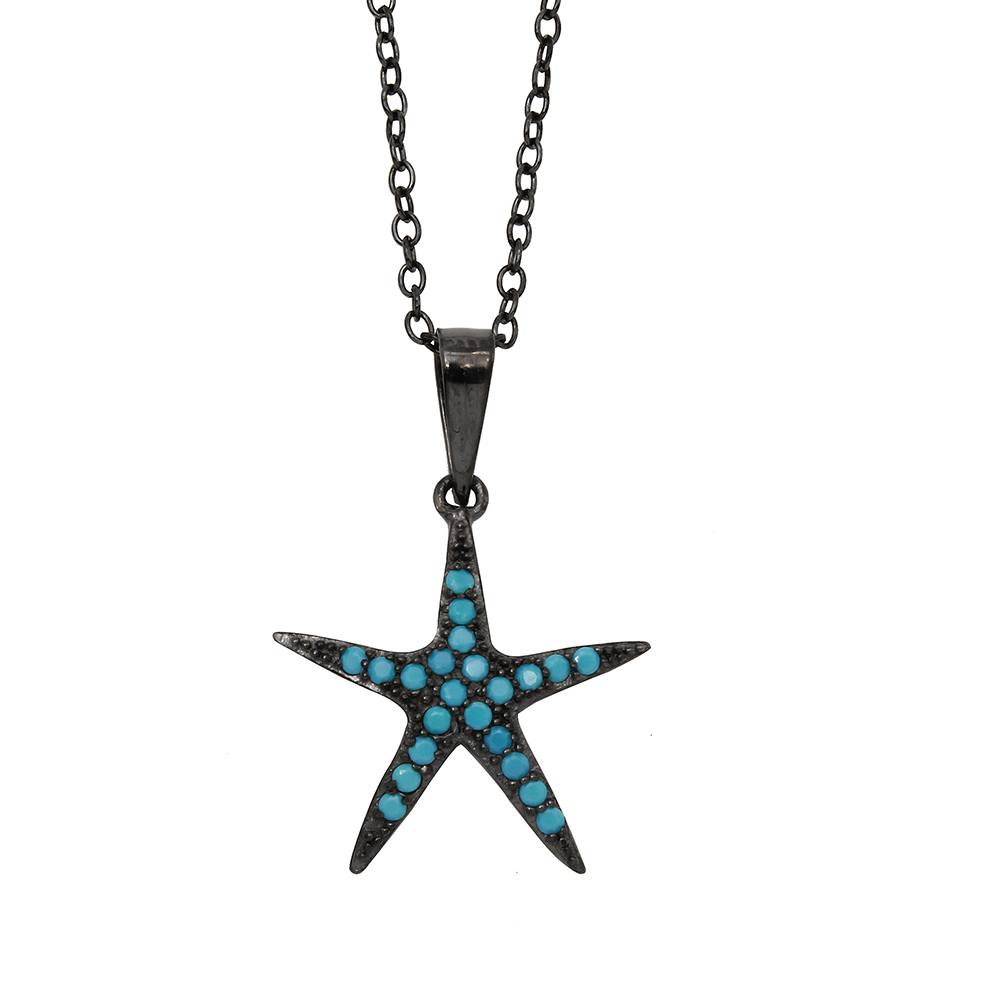 Sterling Silver Black Rhodium Plated Starfish Turquoise Stone Necklace