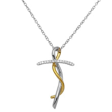 Load image into Gallery viewer, Sterling Silver 2 Toned Twisted CZ Cross Necklace���������