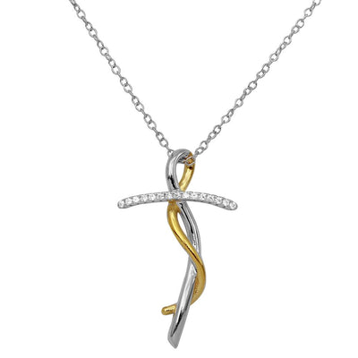 Sterling Silver 2 Toned Twisted CZ Cross Necklace