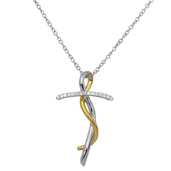 Sterling Silver 2 Toned Twisted CZ Cross Necklace