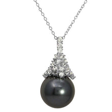 Load image into Gallery viewer, Sterling Silver Rhodium Plated Synthetic Black Pearl with CZ Necklace