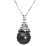 Sterling Silver Rhodium Plated Synthetic Black Pearl with CZ Necklace