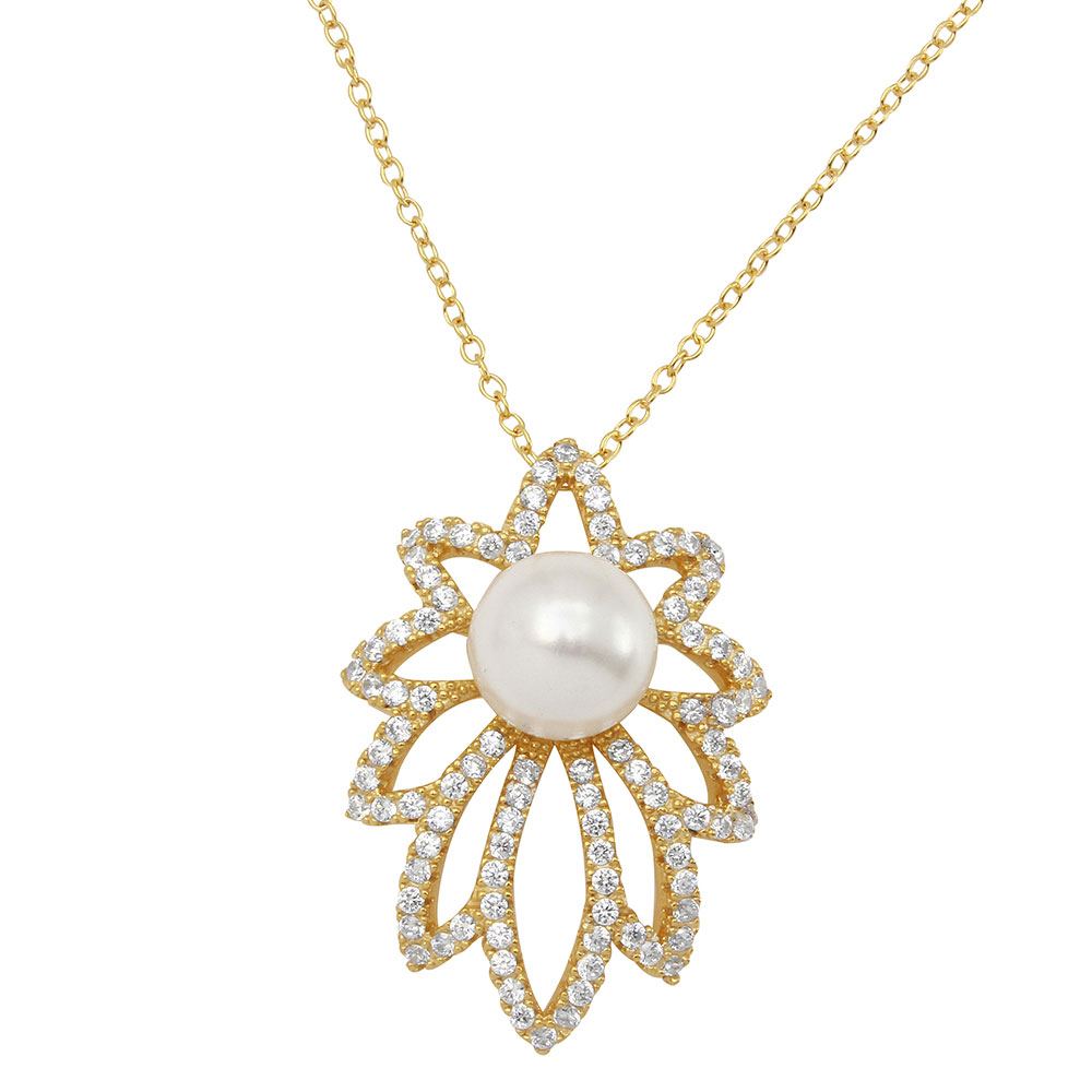 Sterling Silver Gold Plated CZ Encrusted Floral Outline Synthetic Center Pearl .925 Necklace