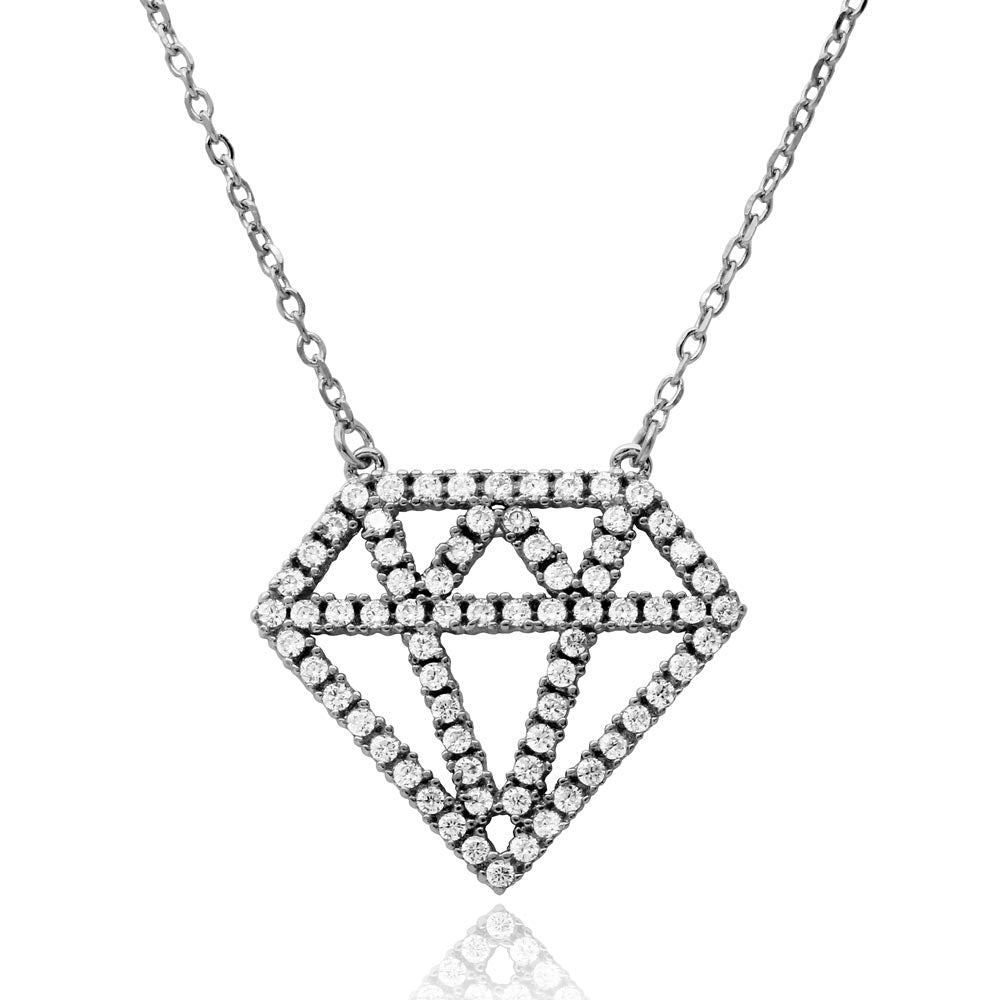 Sterling Silver Rhodium Plated Diamond Outline CZ Necklace