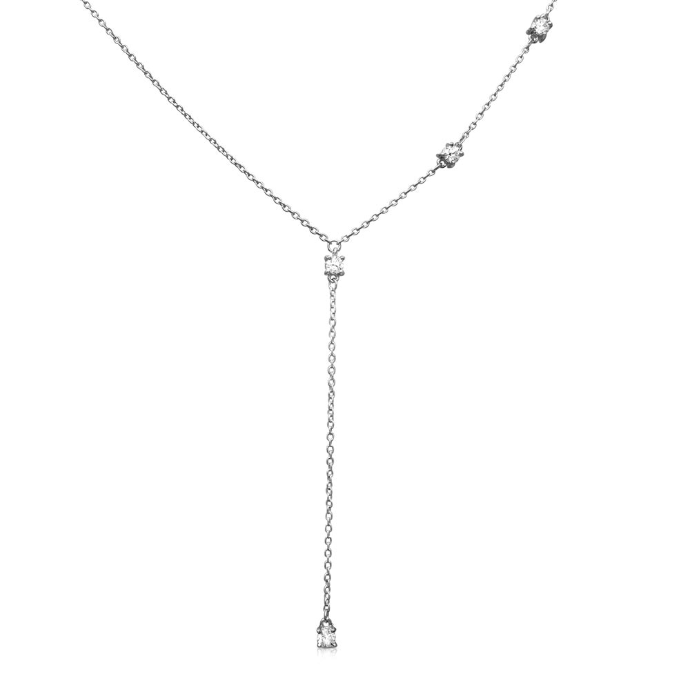 Sterling Silver Rhodium Plated Dropped Round CZ Necklace