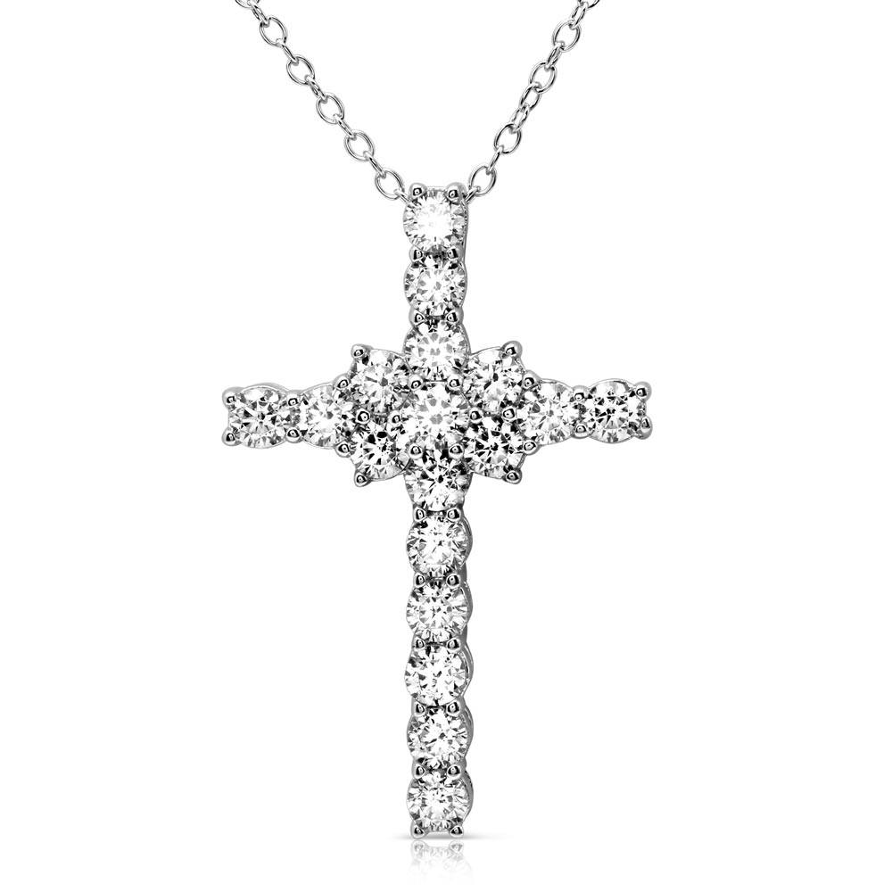 Sterling Silver Rhodium Plated Cross Necklace with Round CZ Necklace