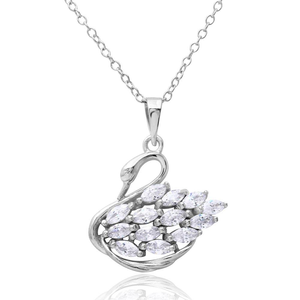Sterling Silver Rhodium Plated CZ Swan Necklace