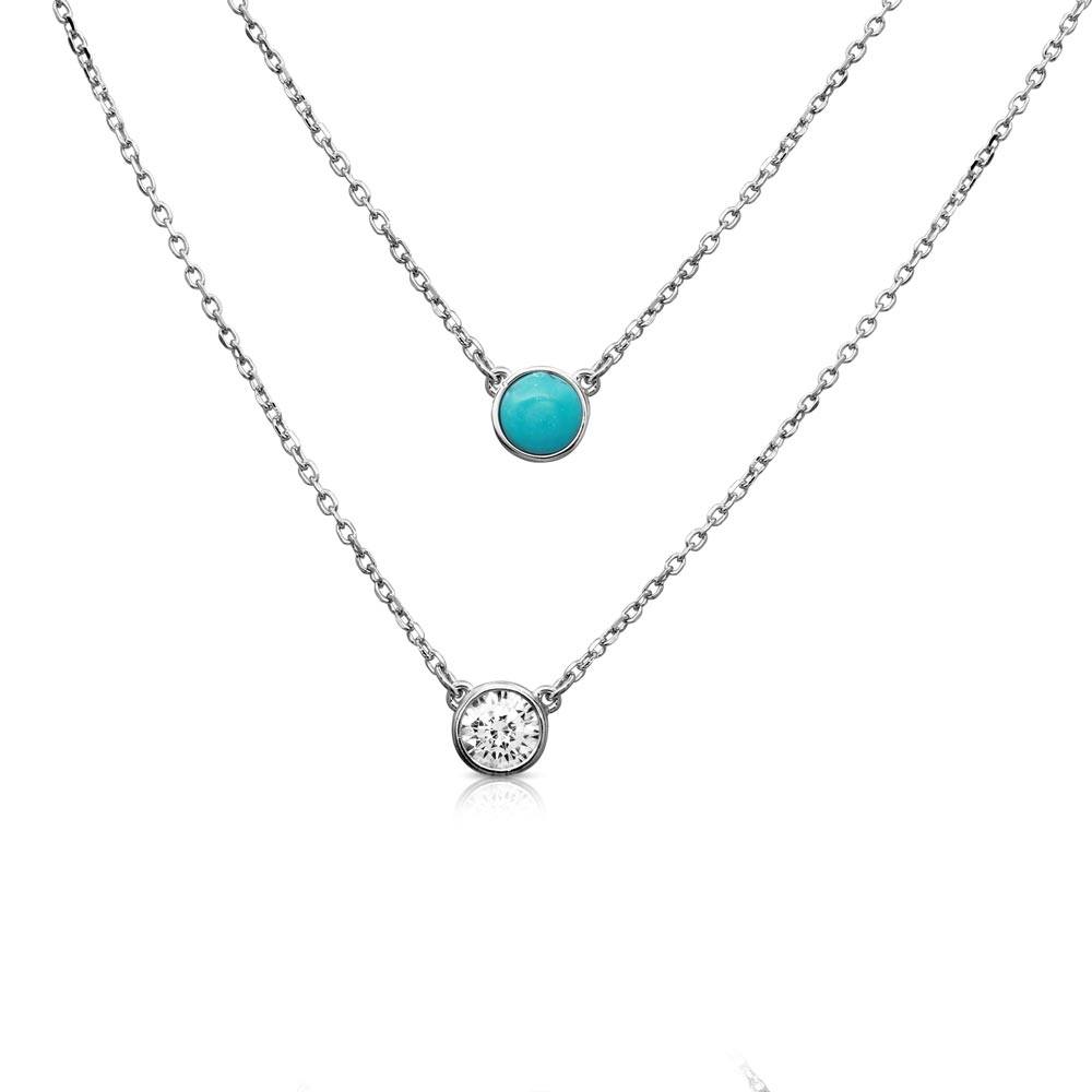 Sterling Silver Rhodium Plated 2 Stranded .925 Necklace with Turquoise and CZ