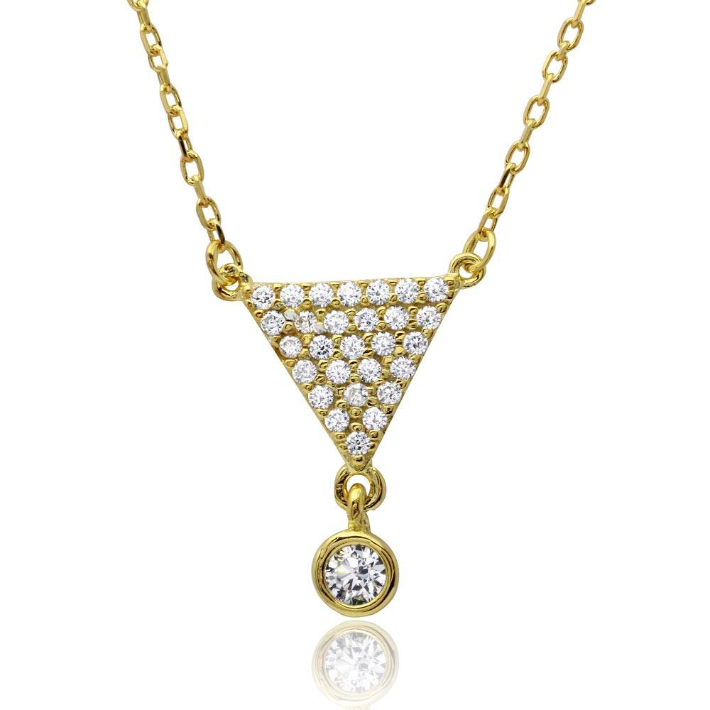 Sterling Silver Rhodium Plated CZ Encrusted Triangle Shape Necklace With Dangling Stone