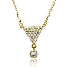 Load image into Gallery viewer, Sterling Silver Rhodium Plated CZ Encrusted Triangle Shape Necklace With Dangling Stone
