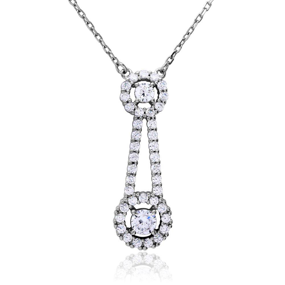 Sterling Silver Rhodium Plated Double Halo Drop CZ Necklace