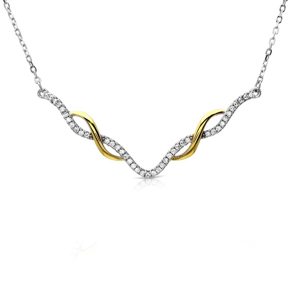 Sterling Silver Gold and Rhodium Plated Interlinked V-Shape Necklace with CZ