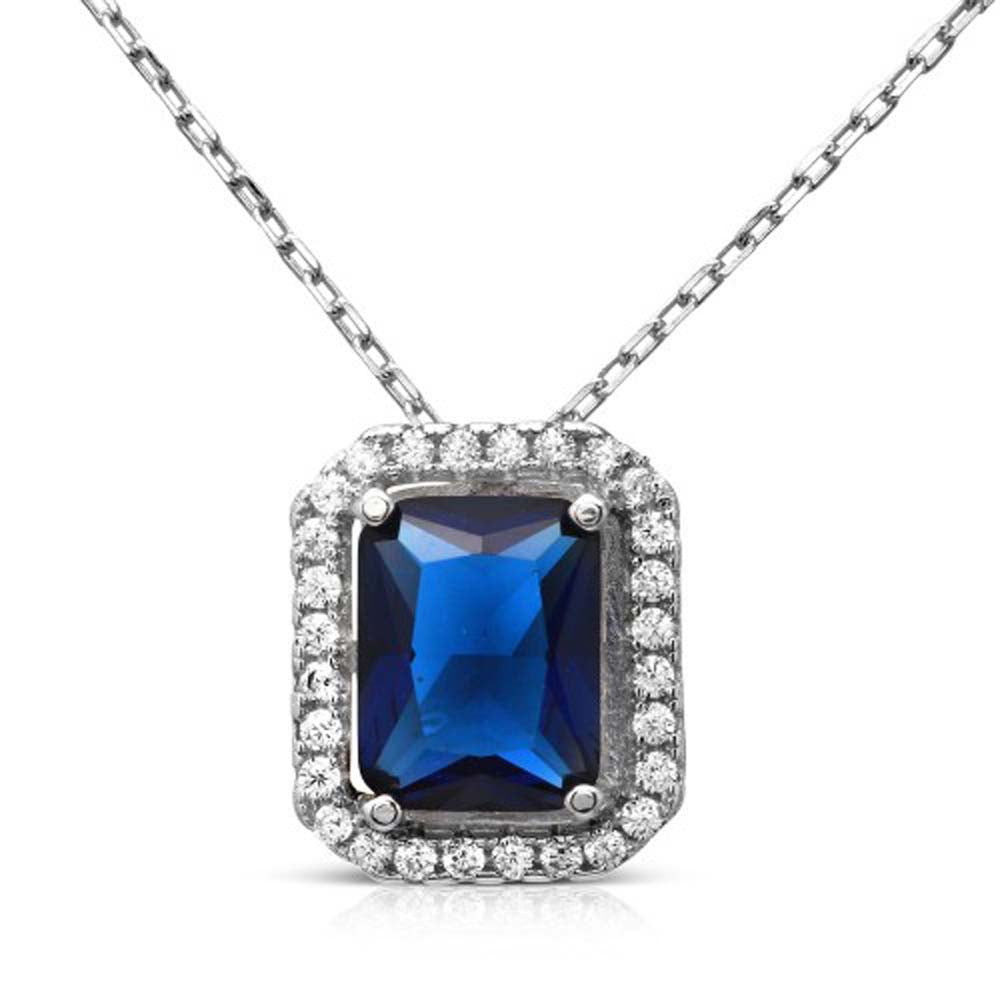 Sterling Silver Rhodium Plated Square Halo Shaped Pendant With Blue And Clear CZ