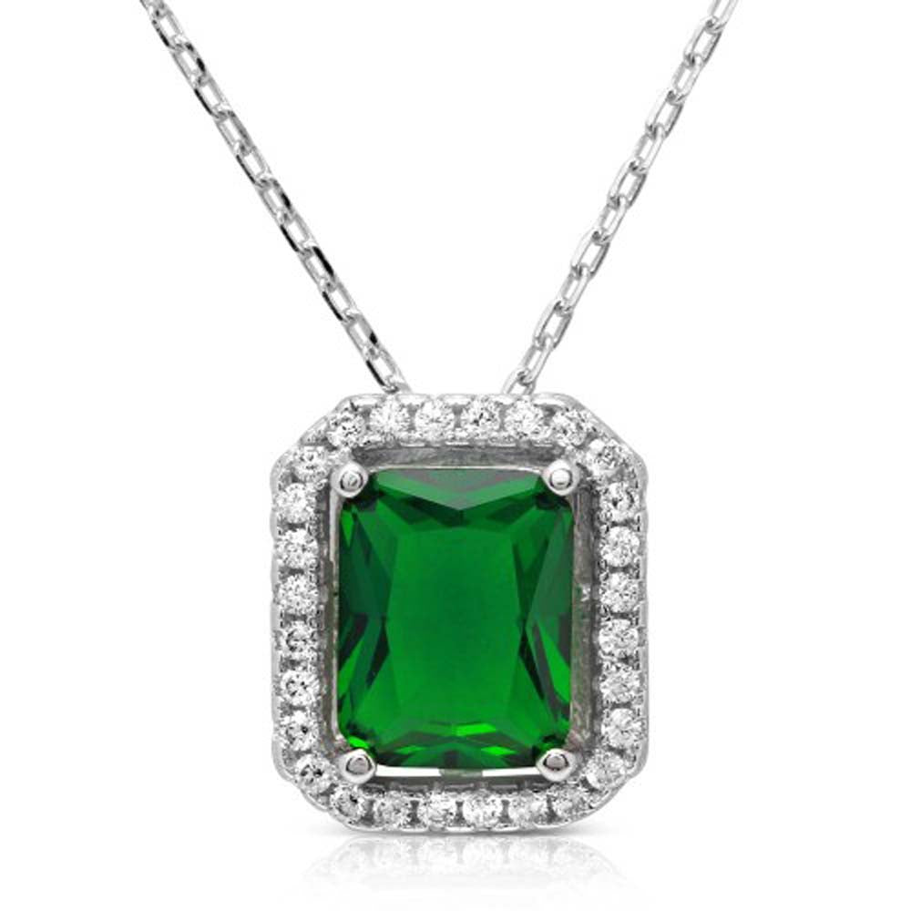 Sterling Silver Rhodium Plated Square Halo Shaped Pendant With Green And Clear CZ