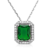 Sterling Silver Rhodium Plated Square Halo Shaped Pendant With Green And Clear CZ