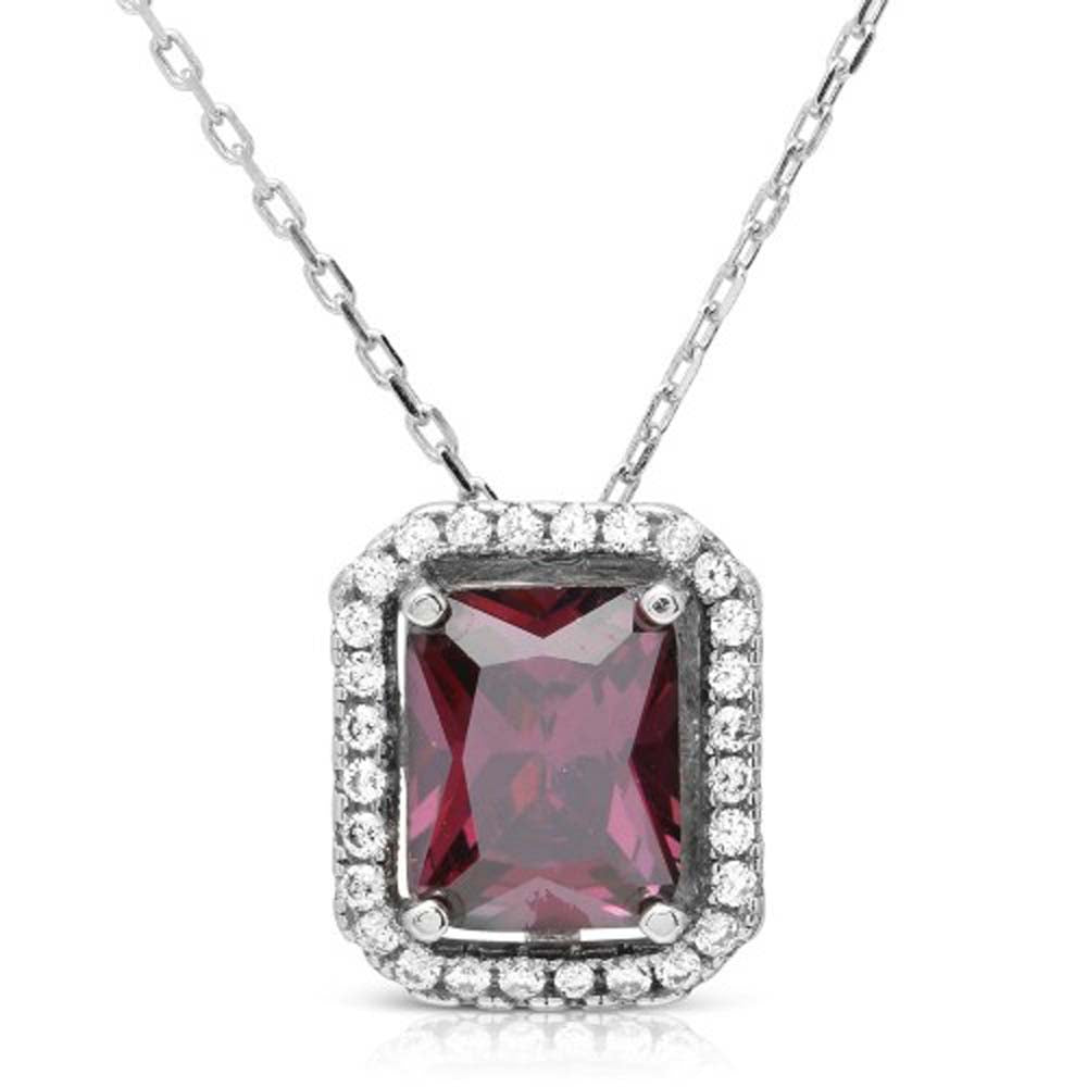 Sterling Silver Rhodium Plated Square Halo Shaped Pendant With Purple And Clear CZ