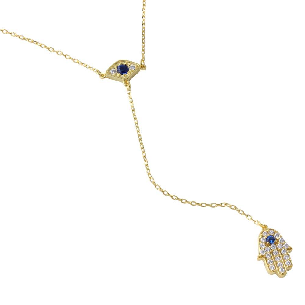 Sterling Silver Gold Plated Evil Eye with Dropped Hamsa and CZ Necklace