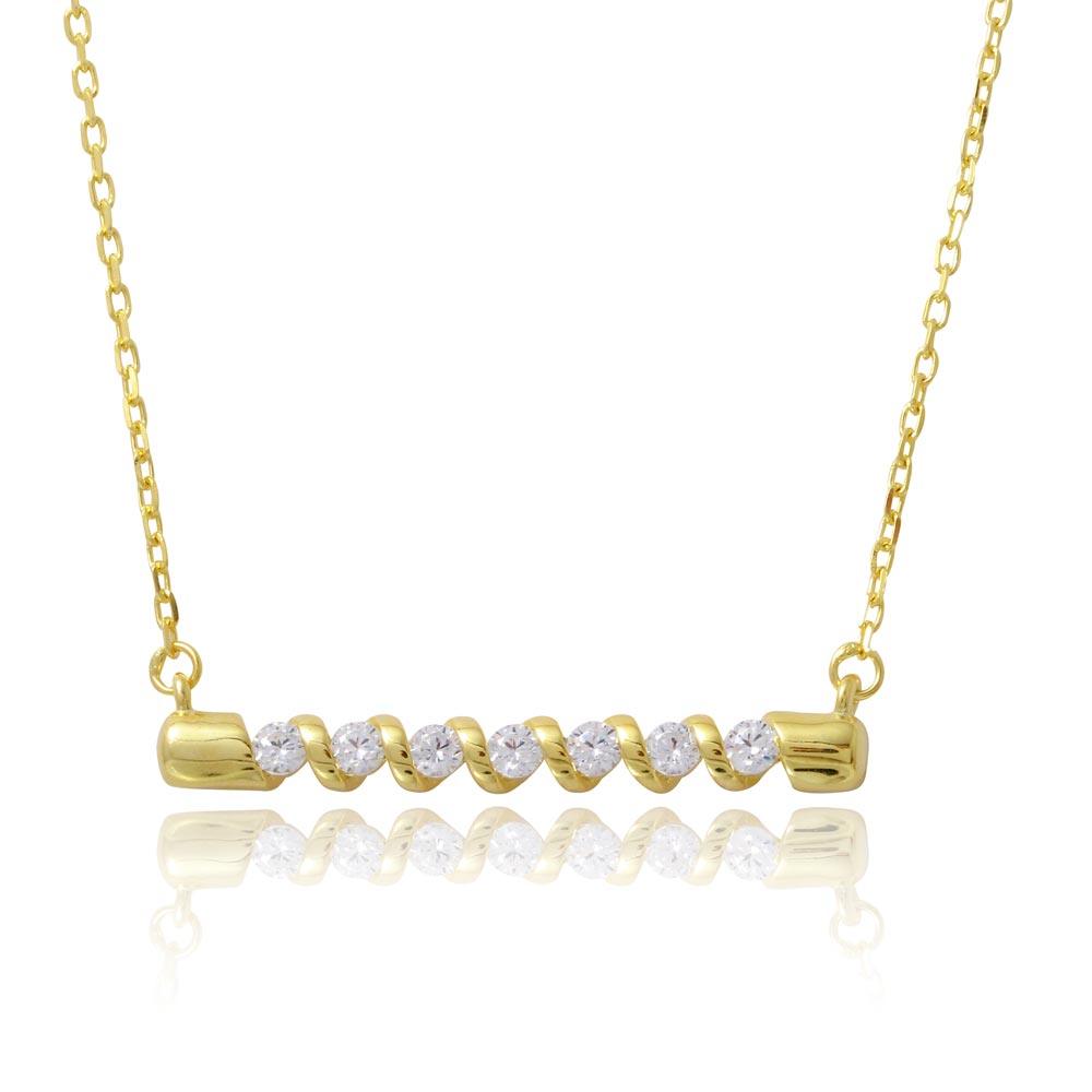 Sterling Silver Gold Plated Twisted Bar Necklace with CZ