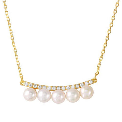 Sterling Silver Curved Bar with CZ and Hanging Fresh Mother of Pearl Necklace