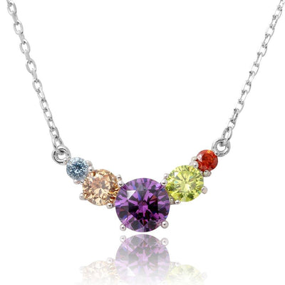 Sterling Silver Rhodium Plated V Shaped Multi-Color Round CZ Necklace