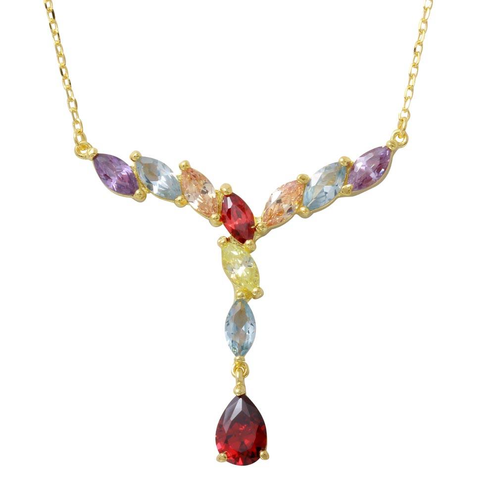 Sterling Silver Gold Plated V Shaped Multi-Color Marquise CZ Necklace with Dangling Pearl CZ