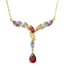Load image into Gallery viewer, Sterling Silver Gold Plated V Shaped Multi-Color Marquise CZ Necklace with Dangling Pearl CZ