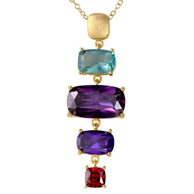 Sterling Silver Gold and Matte Gold Plated 4 Dangling Multi Color CZ .925Necklace