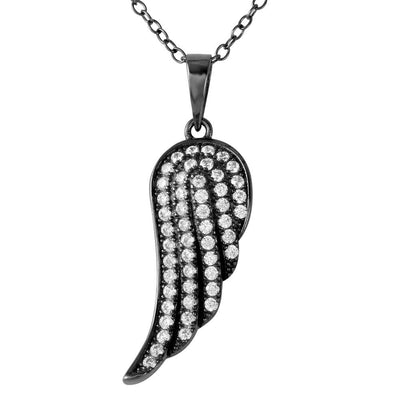 Sterling Silver Black Rhodium Plated Wing Pendant with CZ Necklace