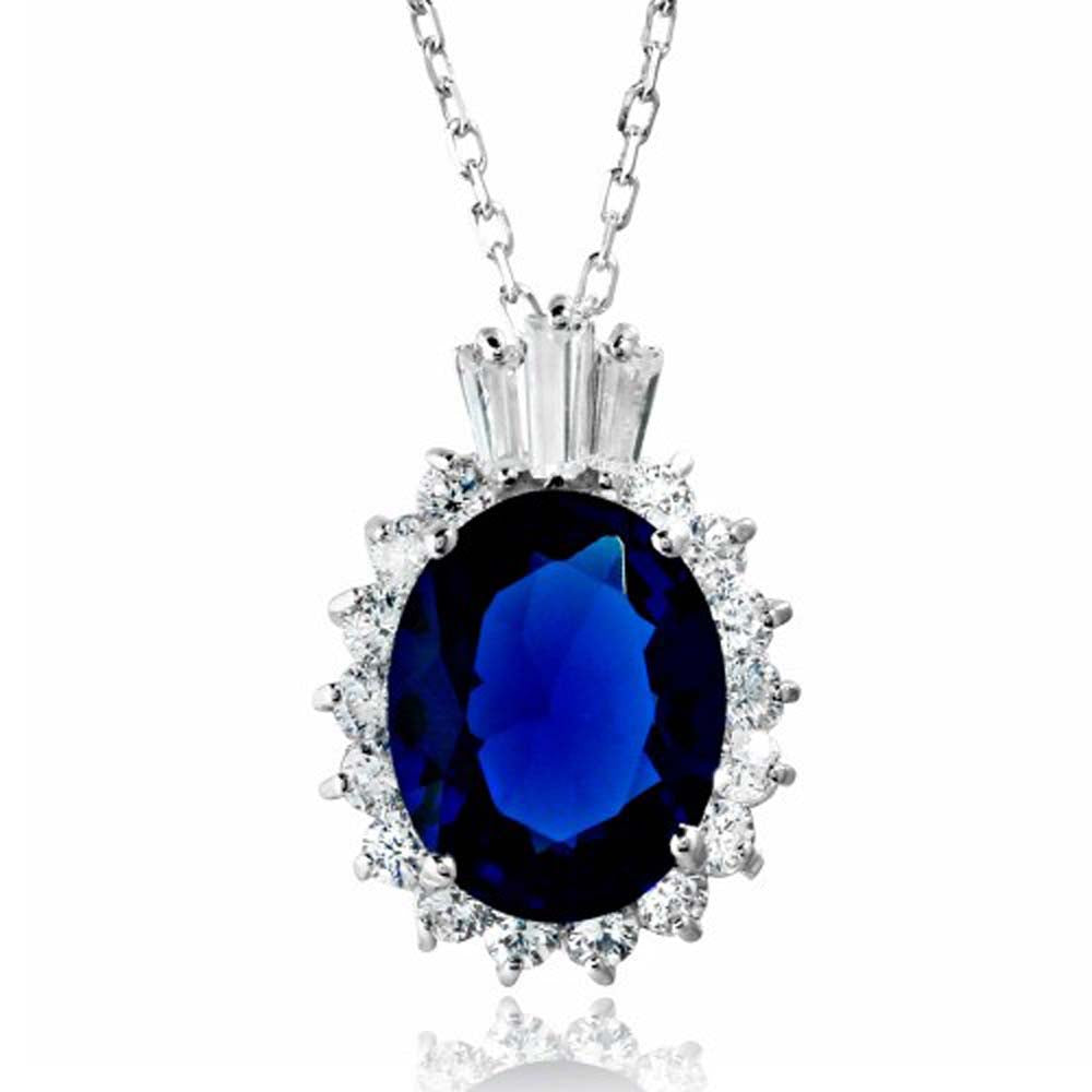 Sterling Silver Rhodium Plated Blue Oval Pave With Baguette Crown CZ Necklace