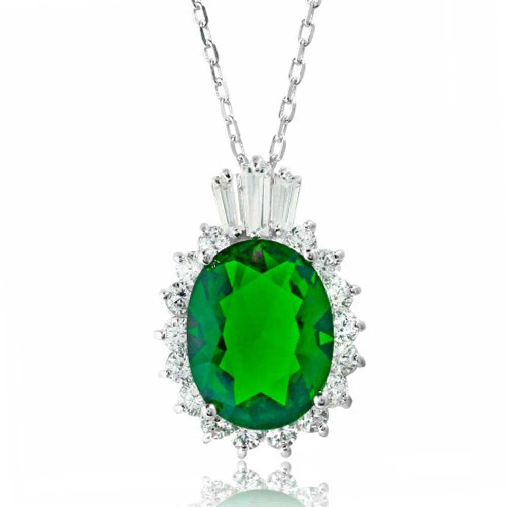 Sterling Silver Rhodium Plated Green Oval Pave with Baguette Crown CZ Necklace